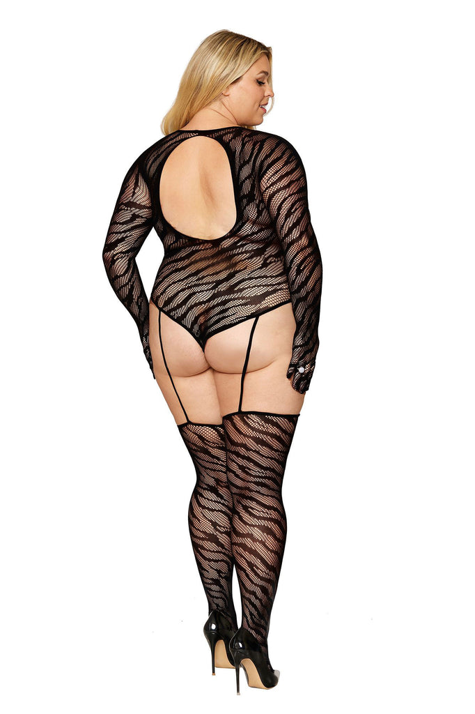 Teddy Bodystocking With Fingered Gloves - Queen Size - Black