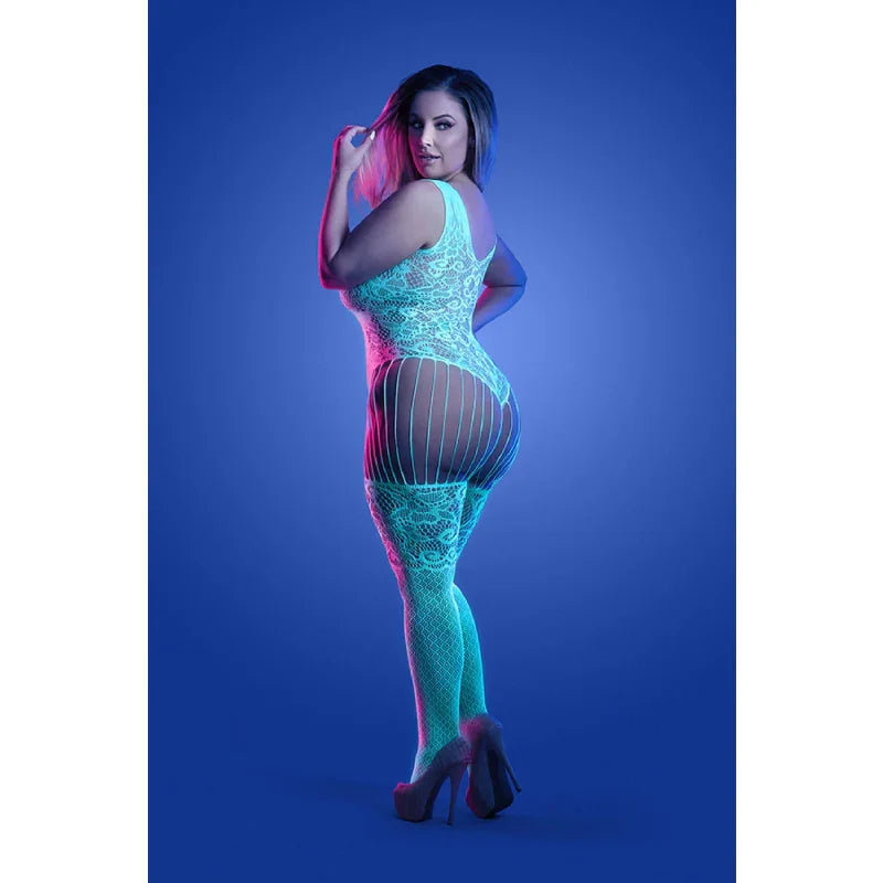 Illuminate Crotchless Teddy Bodystocking - Queen - White/blue - MyPleasure