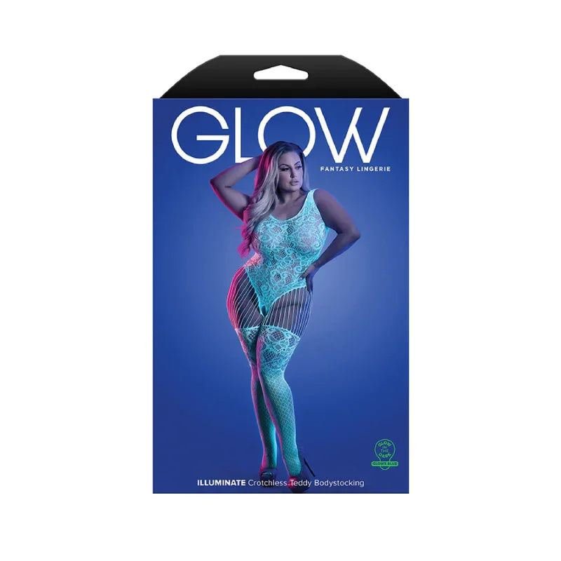 Illuminate Crotchless Teddy Bodystocking - Queen - White/blue - MyPleasure