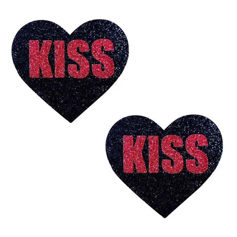 Kiss Red and Black Valentine Glitter Heart Nipple Cover Pasties - MyPleasure