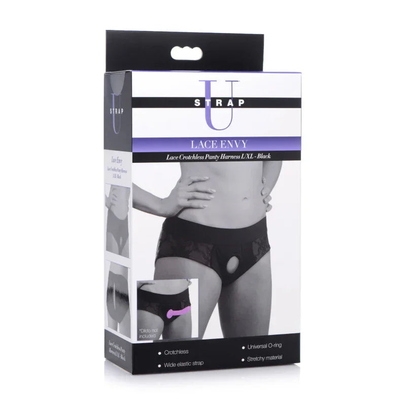 Lace Envy Black Crotchless Panty Harness - L/xl - MyPleasure