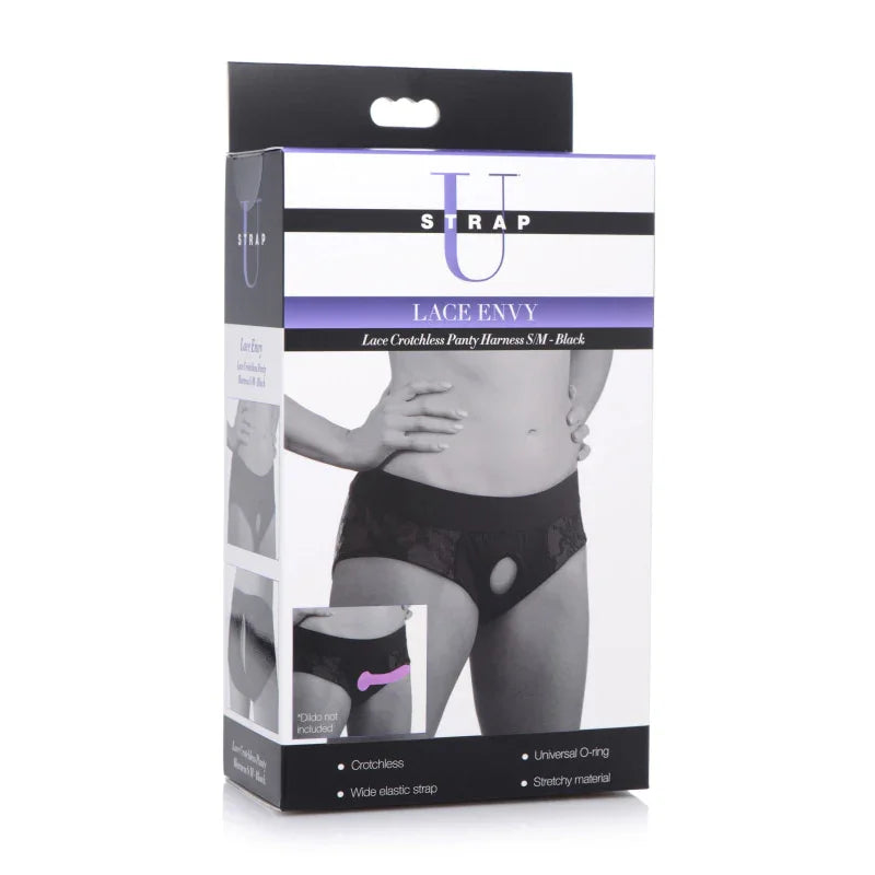 Lace Envy Black Crotchless Panty Harness - S/m - MyPleasure
