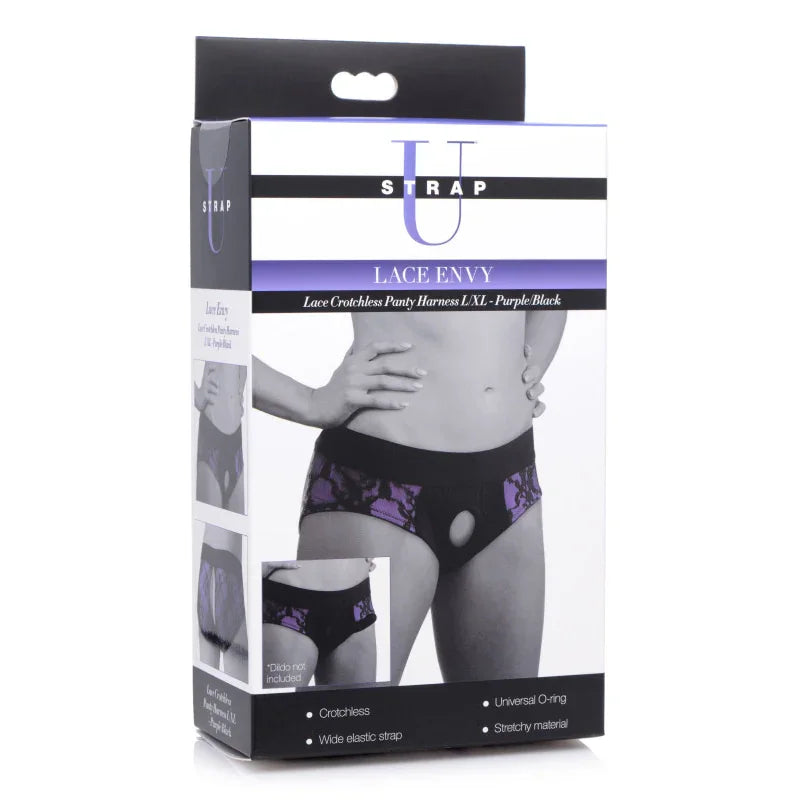 Lace Envy Crotchless Panty Harness - L/ XL Purple and Black - MyPleasure