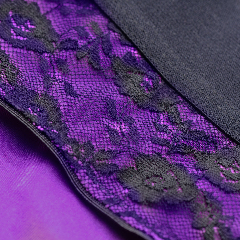 Lace Envy Crotchless Panty Harness - S/ M Black and Purple