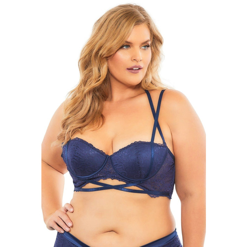 Lace Push Up Balconette Bra With Crossing Halter Straps - Estate Blue - 2x