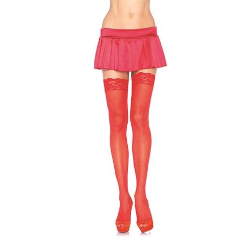 Lace Top Sheer Thigh High - One Size - Red