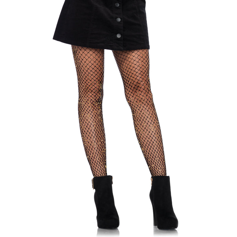 Lurex Industrial Net Tights - One Size - Black/  Gold