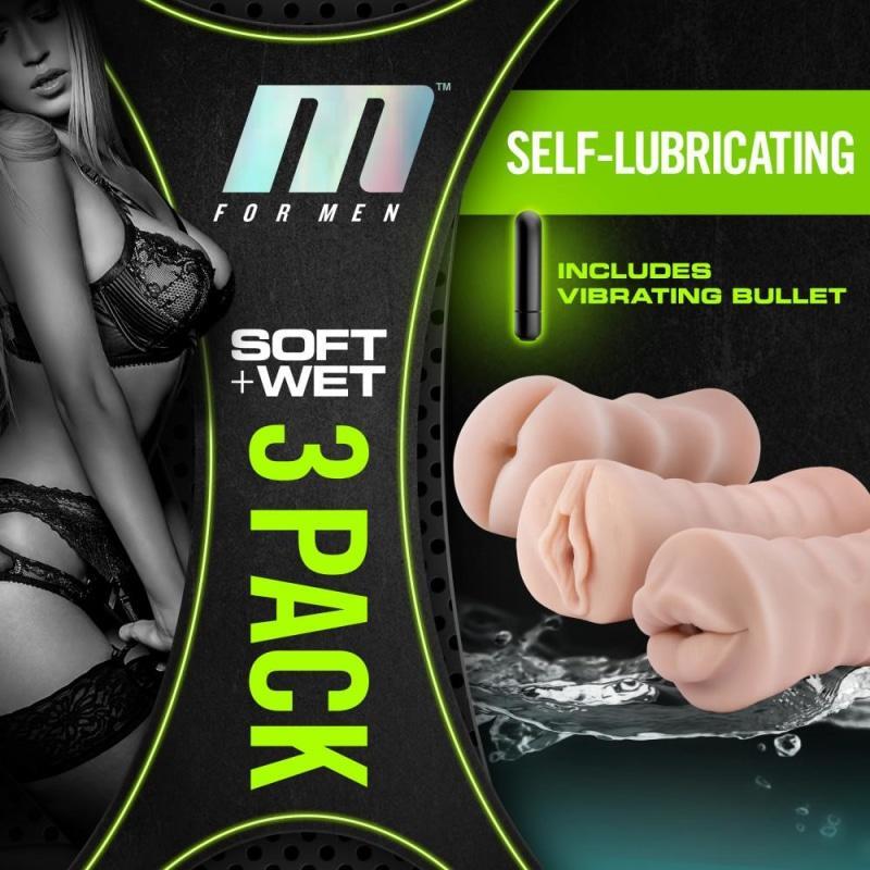 M for Men - 3-Pack Self-Lubricating Vibrating Stroker Sleeve Kit - Vanilla - Masturbation Aids for Males