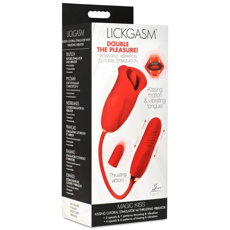 Magic Kiss Kissing Clitoral Stimulator With Thrusting Vibrator - Red - MyPleasure