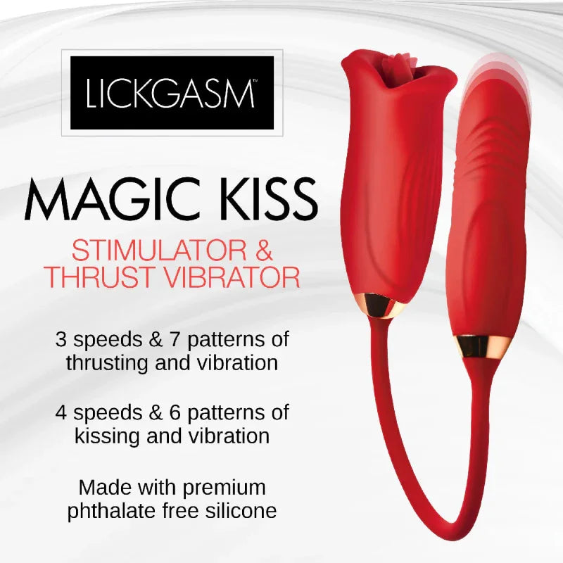 Magic Kiss Kissing Clitoral Stimulator With Thrusting Vibrator - Red - MyPleasure