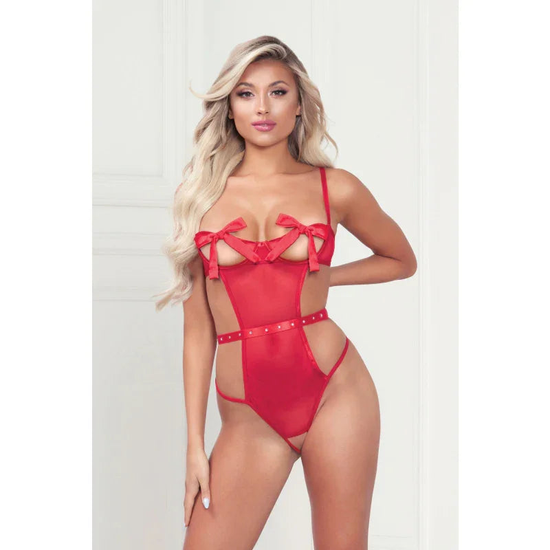 Mesh Teddy With Underwire, Satin Ribbon Bows, Rhinestone Belt, Hook and Eye Back Closure, and Open Thong - One Size - Red - MyPleasure