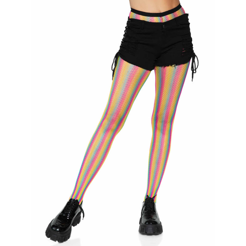 Neon Rainbow Striped Fishnet Tights - One Size - Multicolor