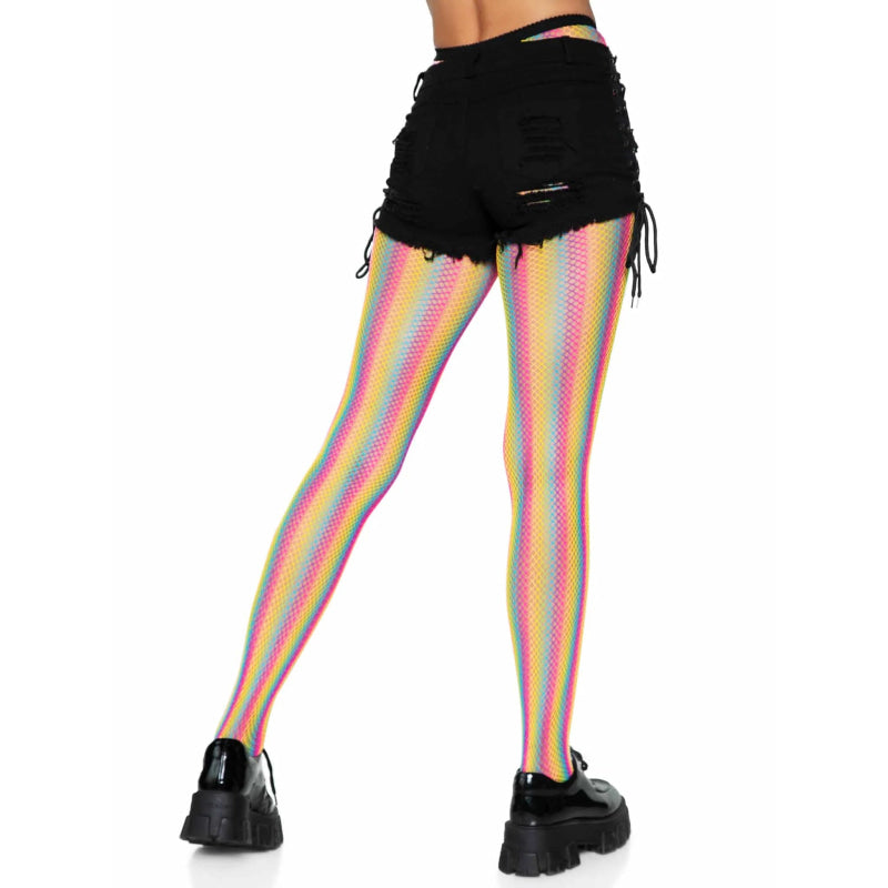 Neon Rainbow Striped Fishnet Tights - One Size - Multicolor