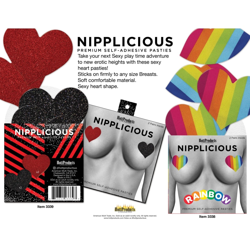 Nipplicious - Heart Shape Pasties - Glitter - Red and Black - Nipple Stimulators