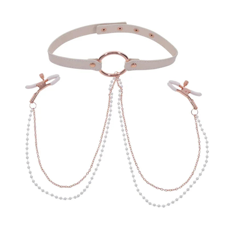 Peaches N Creame Collar With Nipple Clamps - Pink - MyPleasure