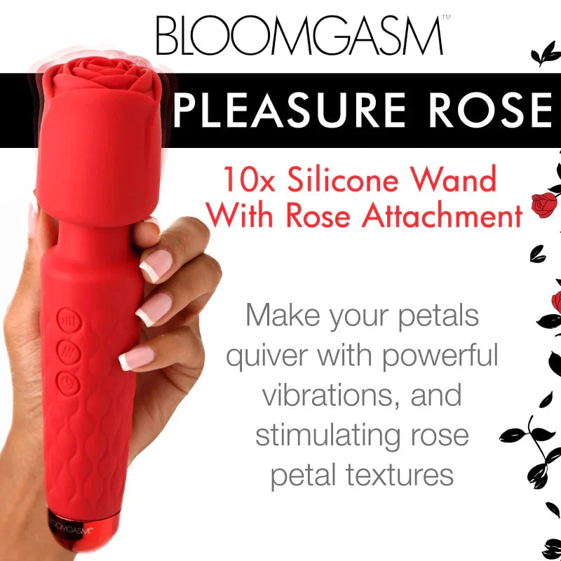 Pleasure Rose 10x Silicone Wand With Rose Attachment - Red - MyPleasure