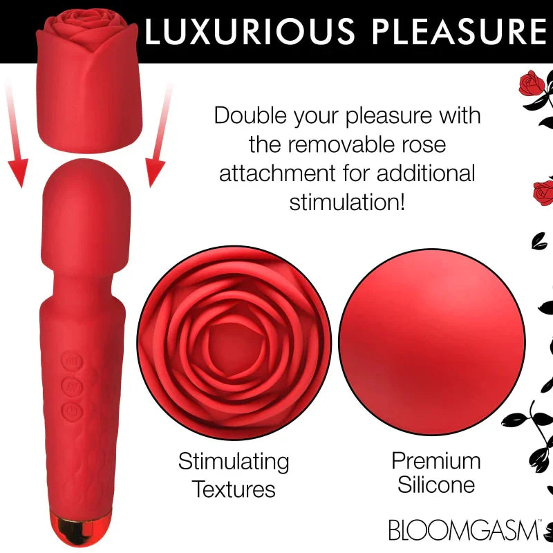 Pleasure Rose 10x Silicone Wand With Rose Attachment - Red - MyPleasure