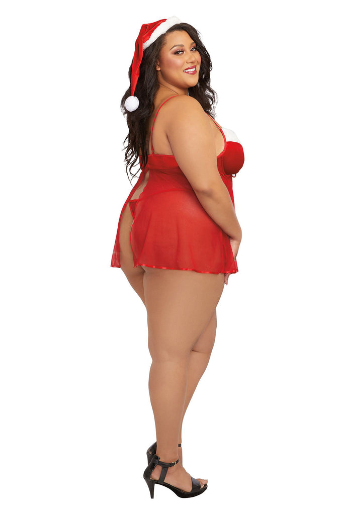 Santa Babydoll, Thong and Hat - 2x - Lipstick Red