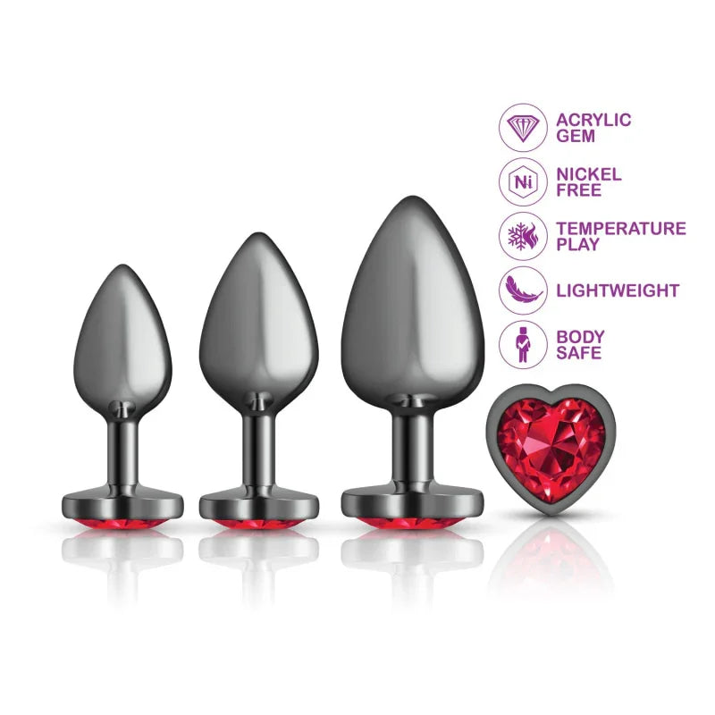 Cheeky Charms - Metal Butt Plug Gunmetal - Heart Dark Red - Anal Trainer Kit - MyPleasure