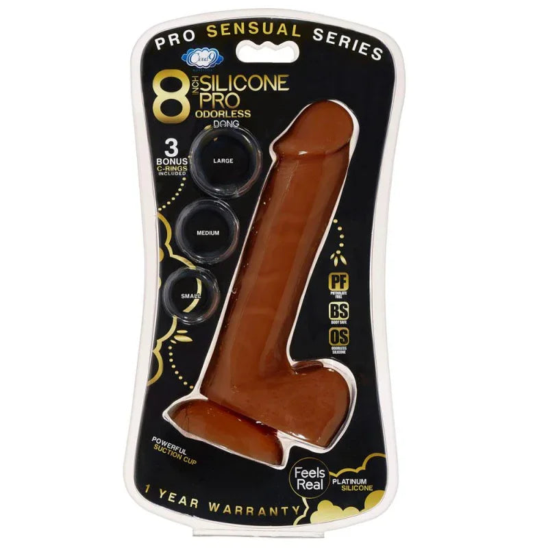 Pro Sensual Premium Silicone 8 Inch Dong With 3 Cockrings - Brown - MyPleasure