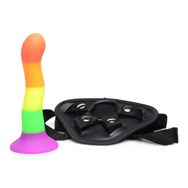 Proud Rainbow Silicone Dildo With Harness - MyPleasure