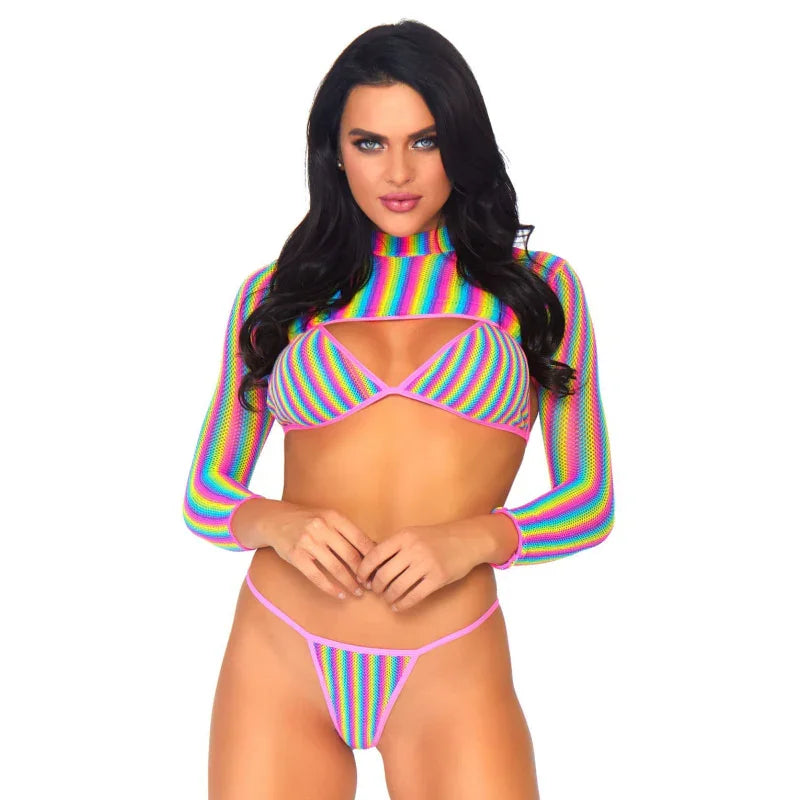 Rainbow Fishnet Top Set - One Size - Multi - MyPleasure