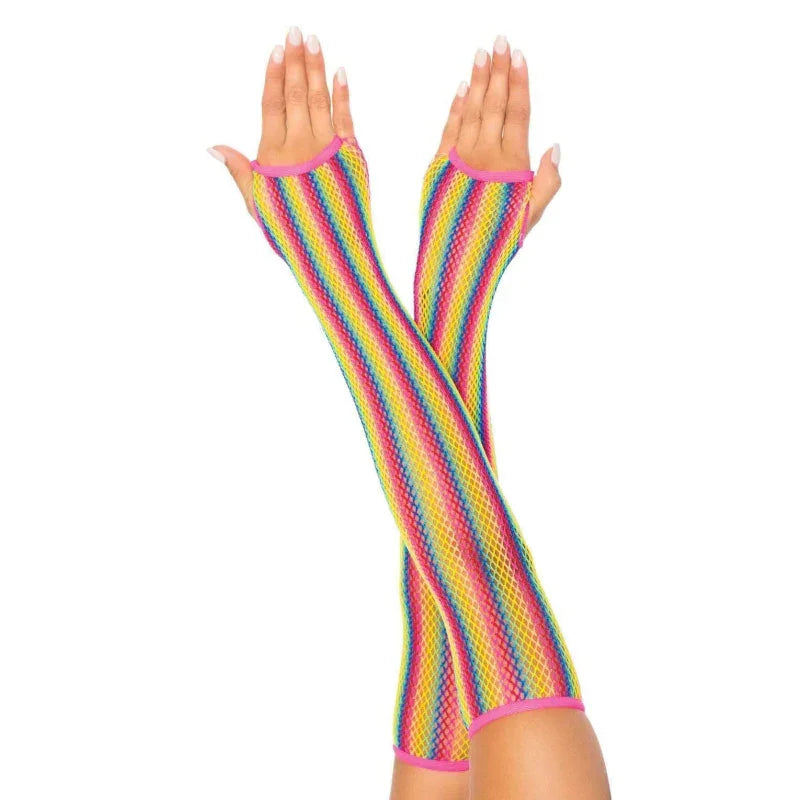 Rainbow Net Fingerless Arm Warmer Gloves - One Size - Multicolor - MyPleasure