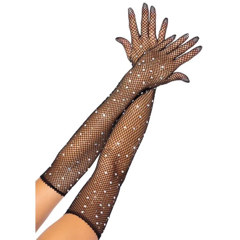 Rhinestone Fishnet Long Gloves - Black - MyPleasure