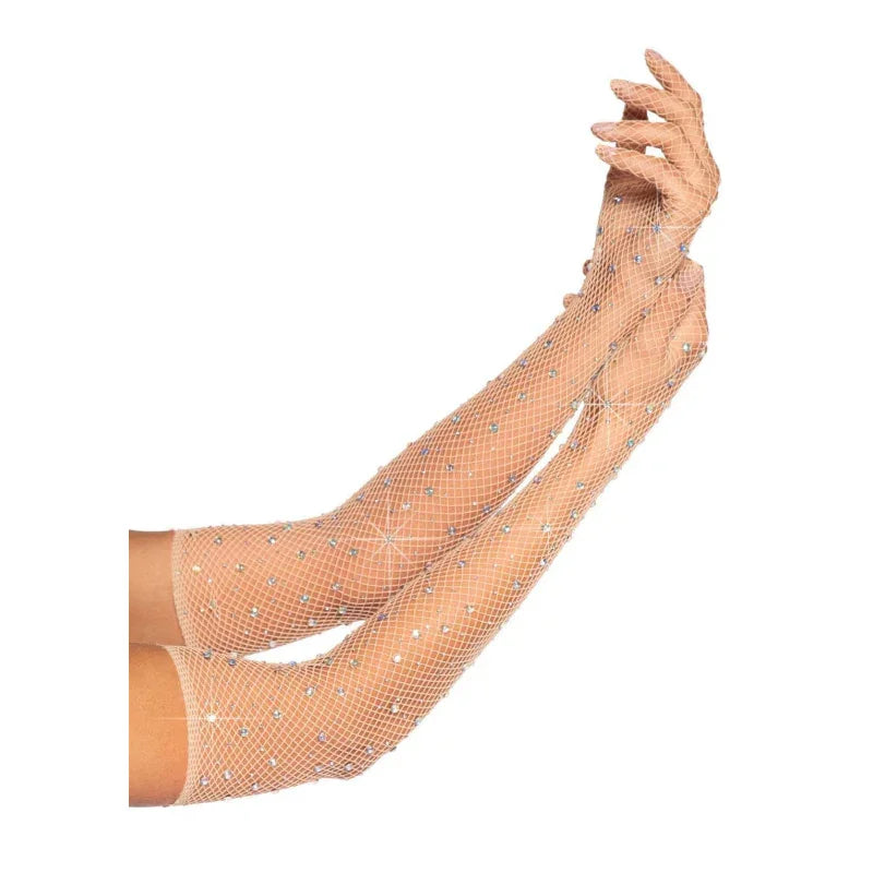 Rhinestone Fishnet Long Gloves Nude - MyPleasure
