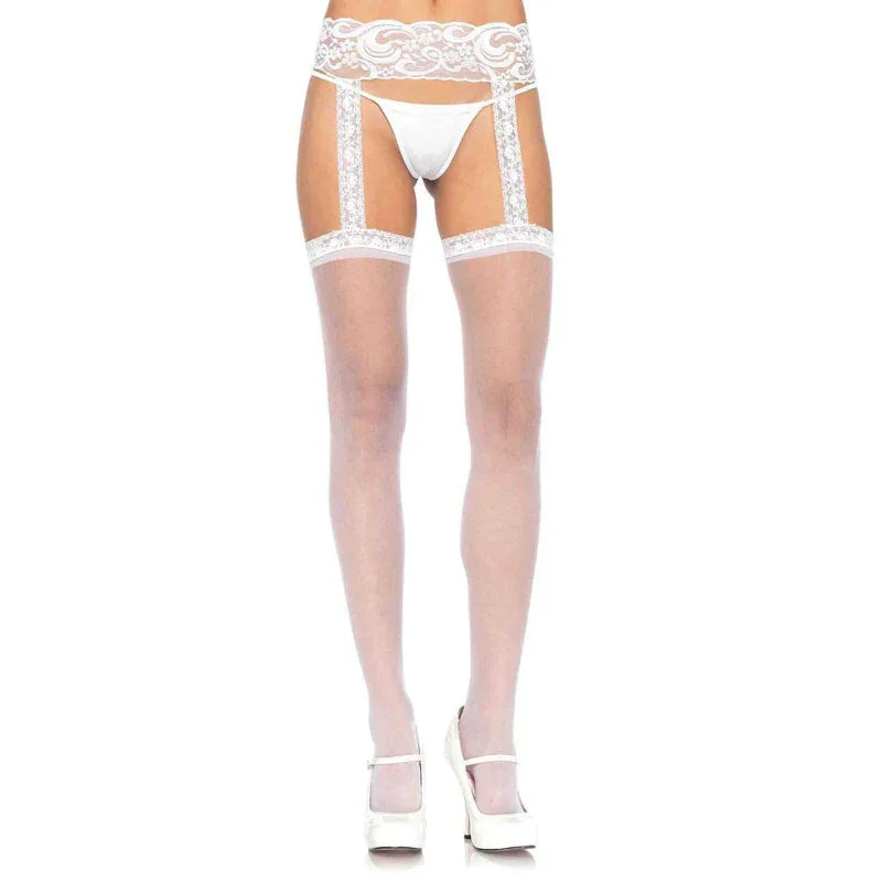 Sheer Lace Top Stockings With Attached Lace Garter Belt - One Size - White - MyPleasure