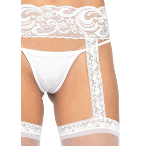 Sheer Lace Top Stockings With Attached Lace Garter Belt - One Size - White - MyPleasure
