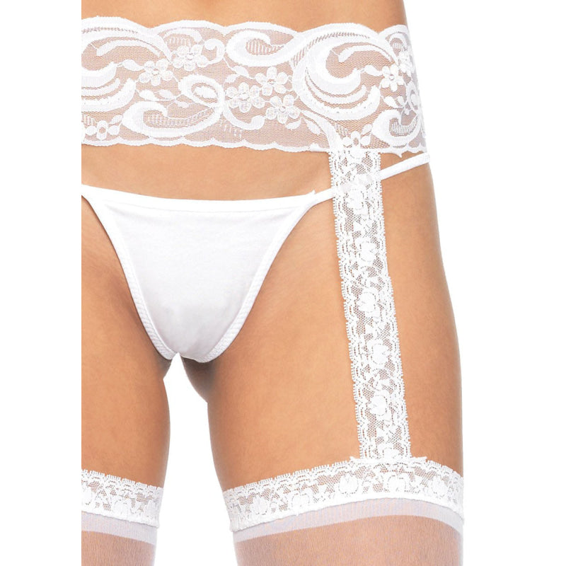 Sheer Lace Top Stockings With Attached Lace Garter Belt - One Size - White