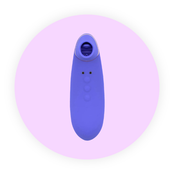 Purple and blue suction vibrator on a light purple circle with a white background