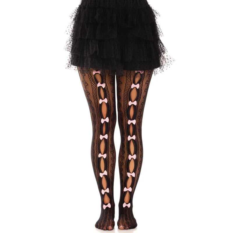 Sweetheart Striped Net Tights With Keyhole and Mini Bow Detail - One Size - Black - MyPleasure