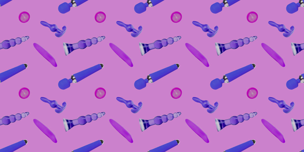 Pattern of purple and blue adult toys on a pink background