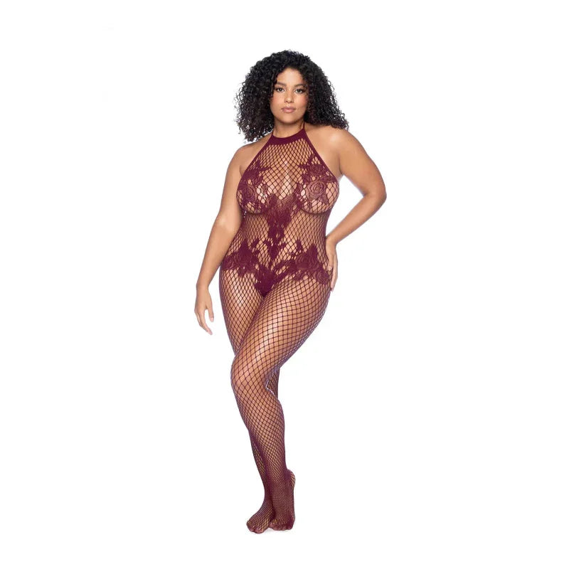 Vino Noir Floral Fishnet Bodystocking - O/sx - Cherry - MyPleasure