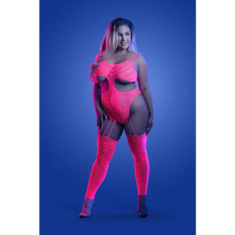 Wavelength Cutout Rhinestone Teddy Bodystocking - Queen - Neon Pink - MyPleasure