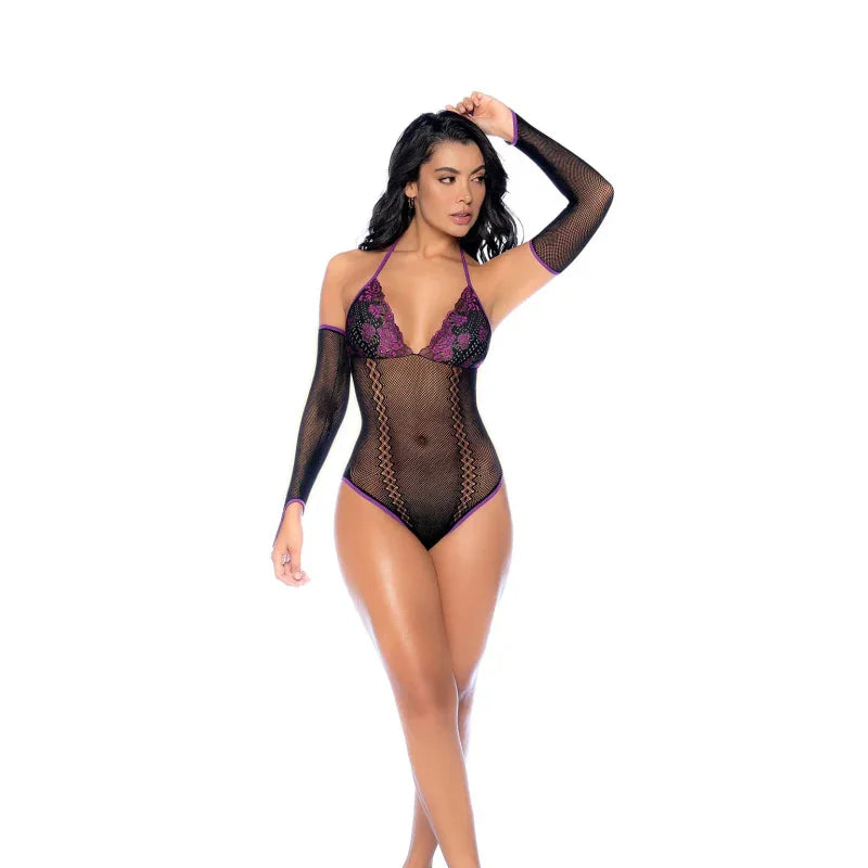 Whispered Lace Fishnet Bodysuit - Os - Black/purple - MyPleasure