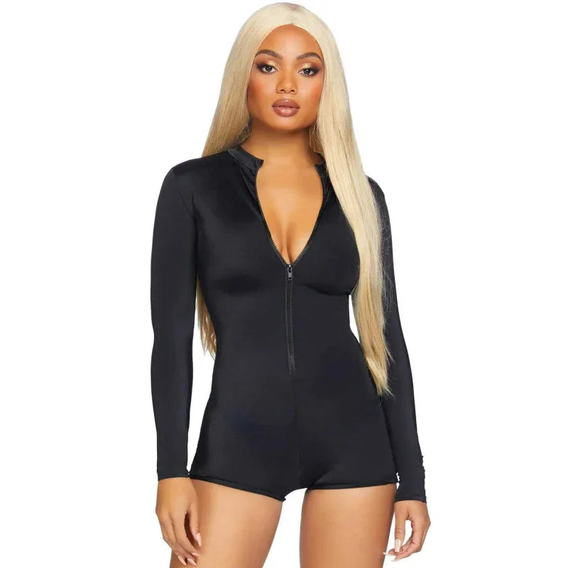 Zipper Front Long Sleeved Matte Romper - Medium - Black - MyPleasure