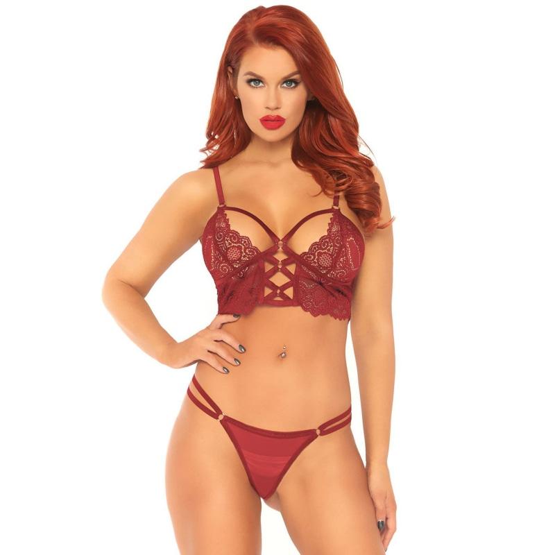 2 Pc Lace Bralette With Cage Strap O-Ring Bodice Detail and Matching G-String - Burgandy - Medium/ Large LA-81577BURML