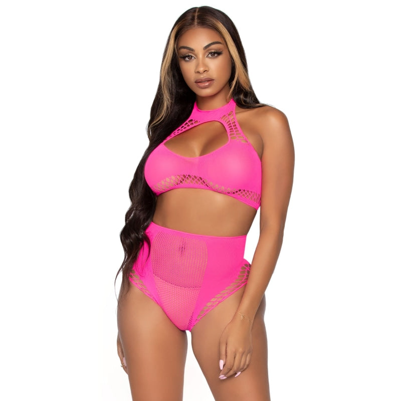 2 Pc. Net Crop Top and High Waist Bottoms - One Size - Neon Pink - Lingerie & Sexy Apparel