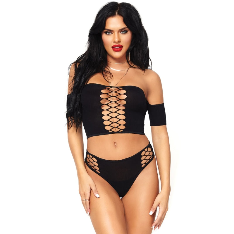 2 Pc Opaque Crop Top With Net Detail and Matching Thong Back Bottoms - One Size - Black LA-81572