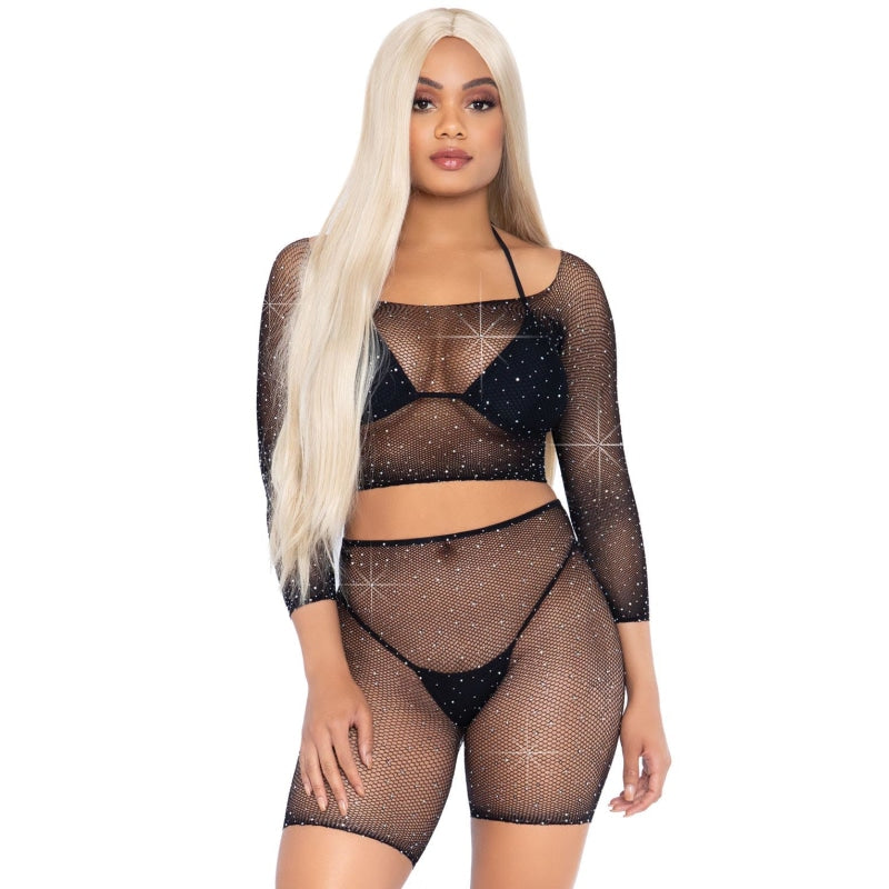 2 Pc Rhinestone Fishnet Crop Top and Biker  Shorts - Black - One Size