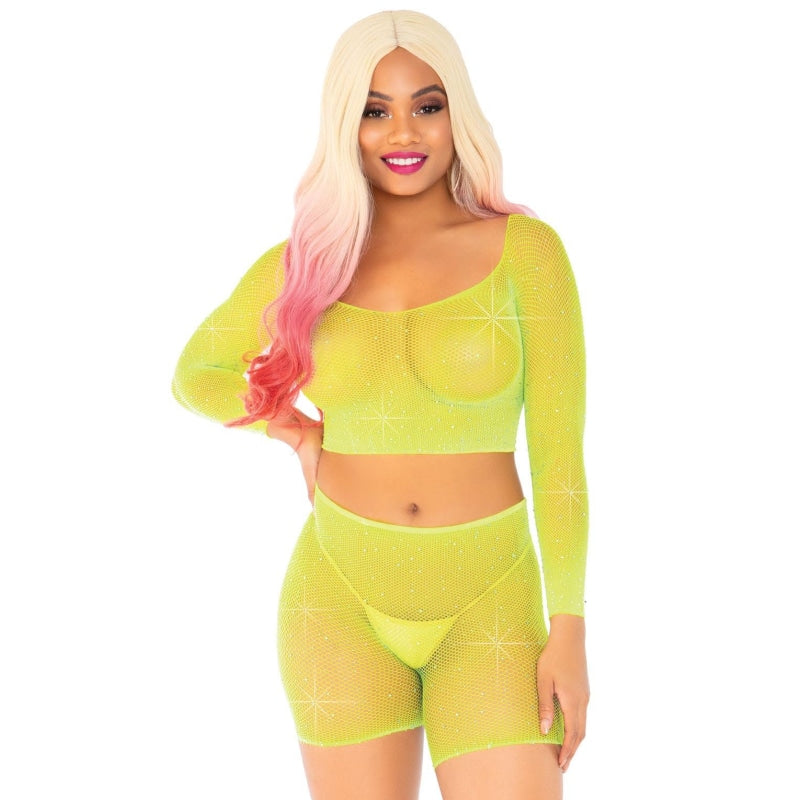 2 Pc Rhinestone Fishnet Crop Top and Biker  Shorts - One Size - Neon Yellow LA-81608NY