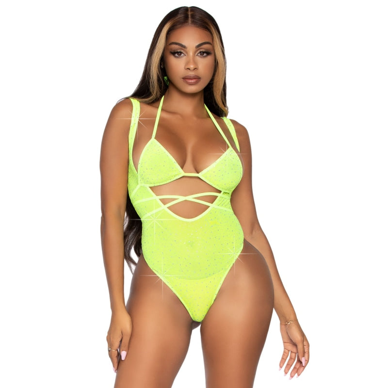 2 Pc. Rhinestone Wrap Around Bikini Top and Suspender Body Suit - One Size - Neon Yellow - Lingerie & Sexy Apparel