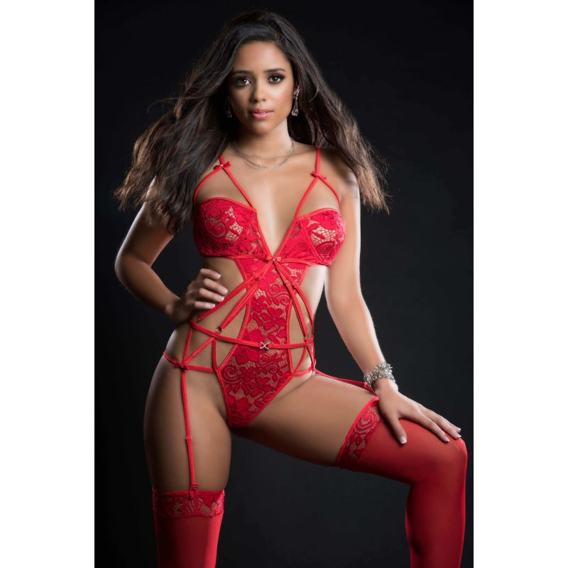 2pc Embroidered Lace Garter Teddy and Stockings - One Size - Candy Red - Lingerie & Sexy Apparel