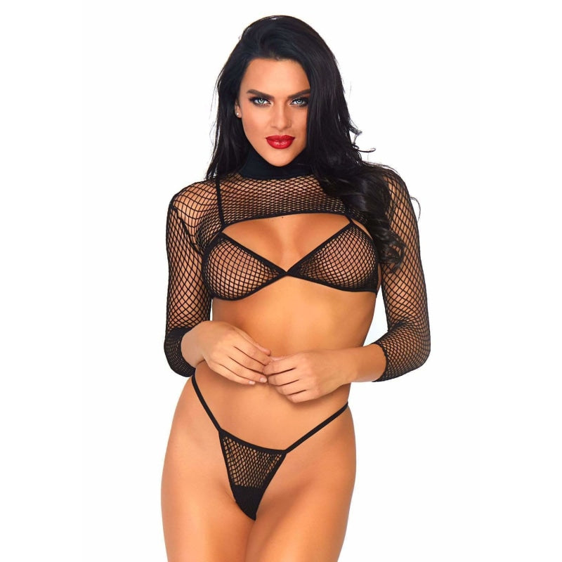 3 Pc. Industrial Net Bikini Top Thong and Long Sleeved Crop Top - One Size - Black - Lingerie & Sexy Apparel