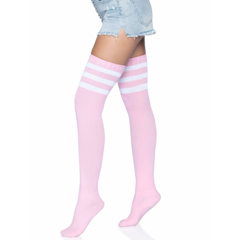 3 Stripes Athletic Ribbed Thigh Highs - One Size - - One Size - Light Pink