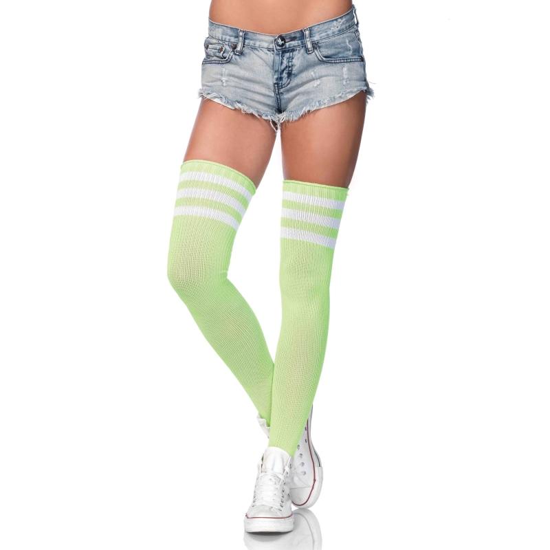 3 Stripes Athletic Ribbed Thigh Highs - One Size - Neon Green LA-6605NGRN