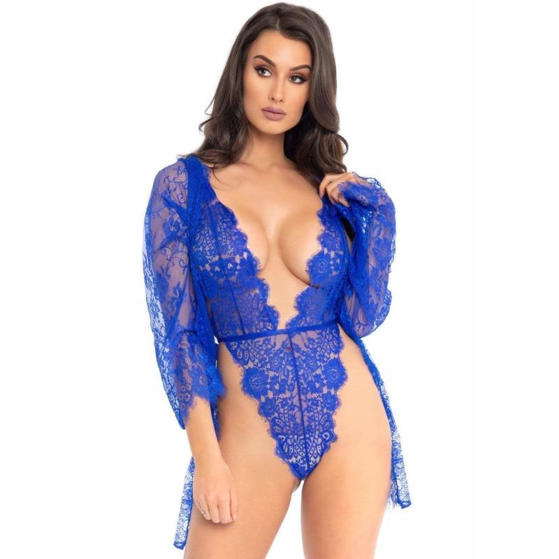 3pc Lace Teddy and Robe Set - Royal Blue - Small LA-86112RYLBLUS